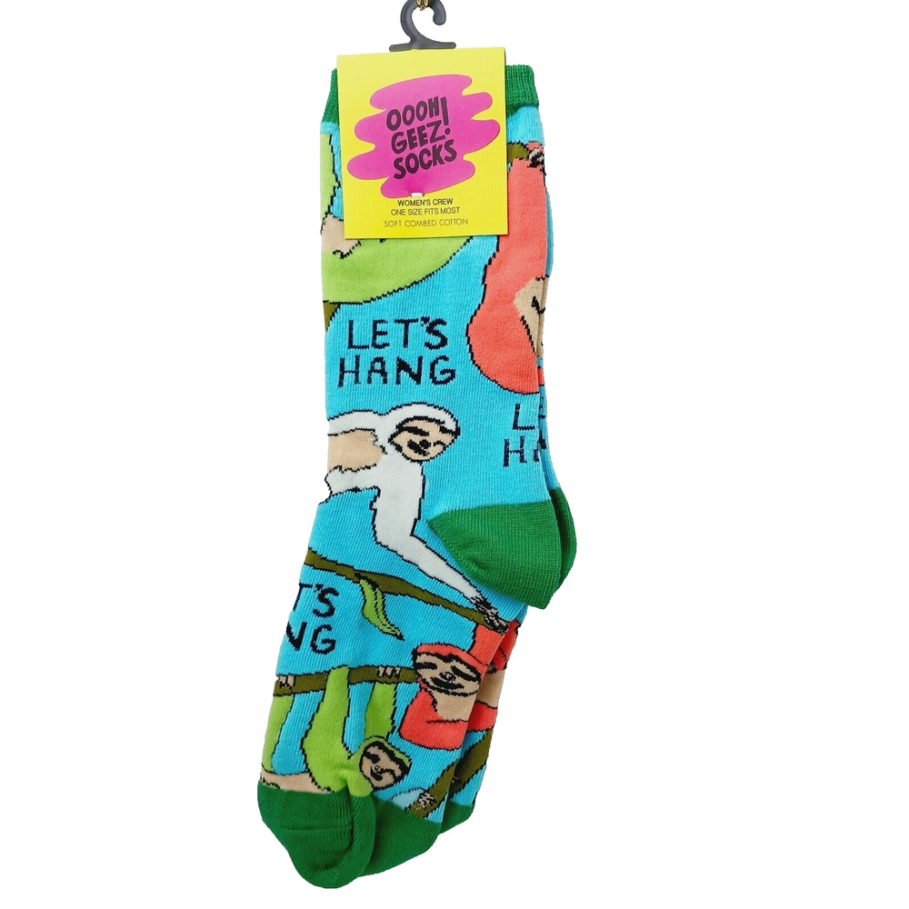 Women Boy Sock OOOH GEEZ! Sloth Let's Hang In There Tree Cotton Blue Red NWT NEW